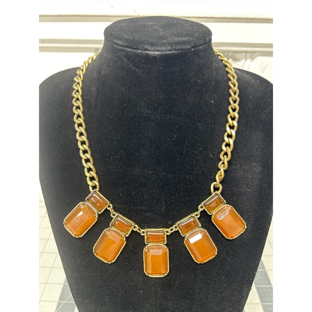 Chico's Statement Necklace Amber Stone Gold Chunky Curb Chain Resin Pendant